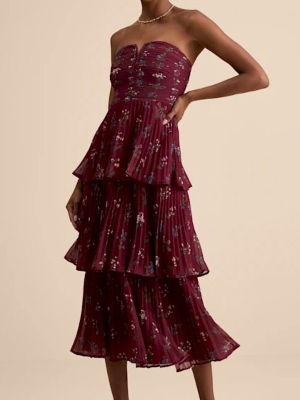 Lulus Hadelyn Burgundy Floral Pleated Tiered Midi Dress Size Small NWT - Picture 8 of 11